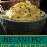 Instant Pot Mashed Potatoes and Parsnips Pinterest - bowl of mashed potatoes with fresh vegetables in a basket in the background - Paint the Kitchen Red