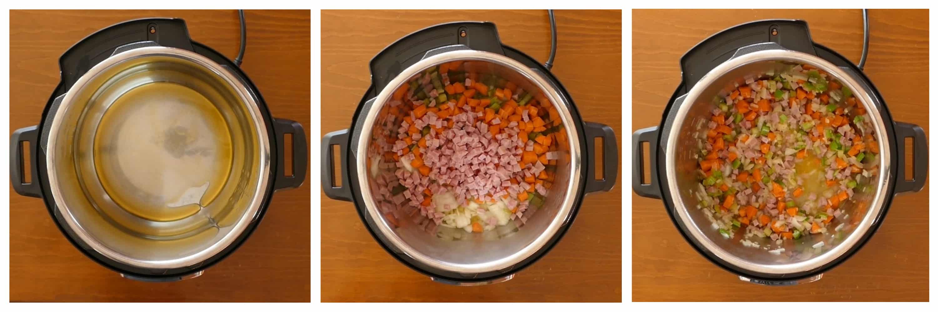 Instant Pot Italian Wedding Soup Instructions 1 - oil, vegetables and ham, sauteed and stirred - Paint the Kitchen Red