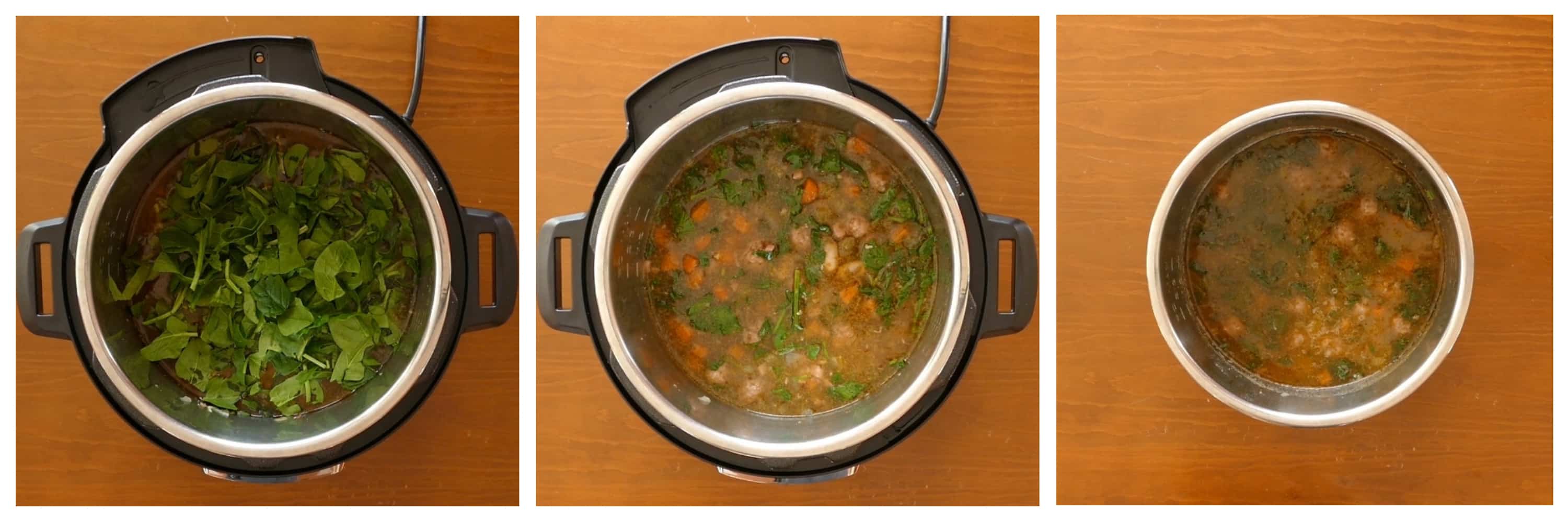 Instant Pot Italian Wedding Soup Instructions 3 - spinach, stirred, inner pot removed from base unit - Paint the Kitchen Red