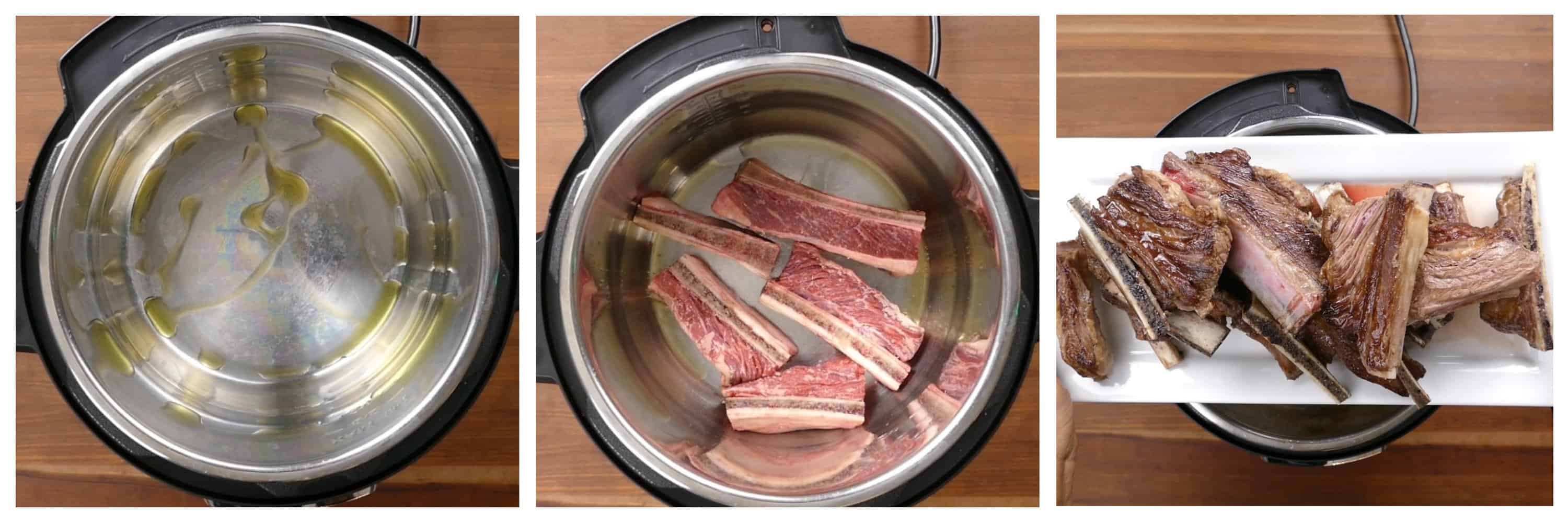 Instant Pot Short Ribs Braised in Red Wine Instructions 1 - oil in inner pot, short ribs added, browned short ribs removed - Paint the Kitchen Red