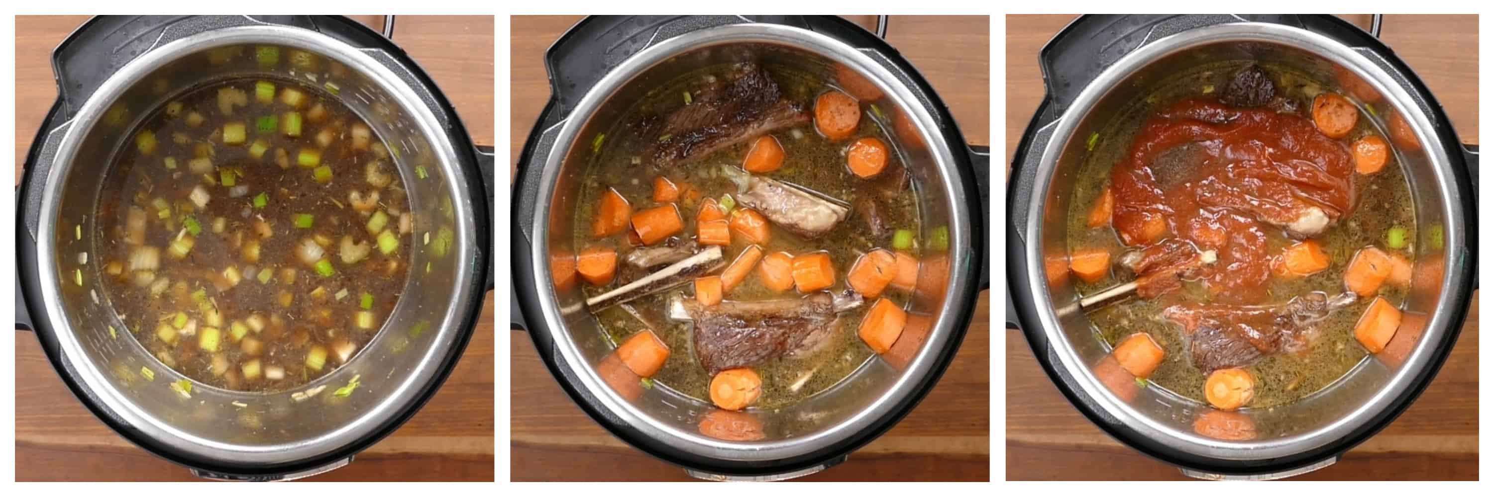 Instant Pot Short Ribs Braised in Red Wine Instructions 4 - liquids added, carrots and short ribs, tomato paste - Paint the Kitchen Red