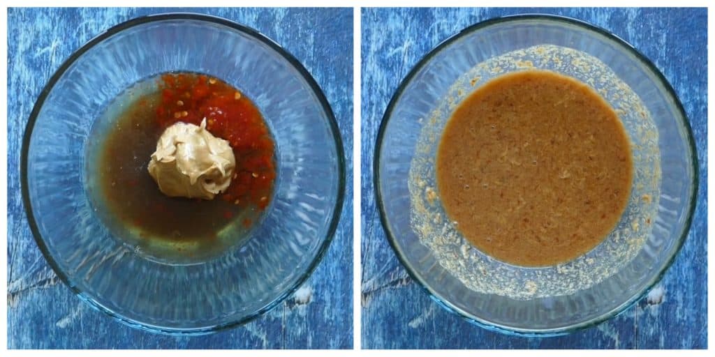 Instant Pot Thai Peanut Noodles Instructions 1 collage - sauce ingredients in bowl, stirred - Paint the Kitchen Red