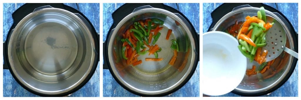 Instant Pot Thai Peanut Noodles Instructions 2 collage - oil, vegetables sauteed, vegetables removed - Paint the Kitchen Red