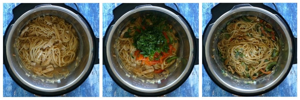 Instant Pot Thai Peanut Noodles Instructions 5 collage - cooked noodles, added veggies, stirred - Paint the Kitchen Red