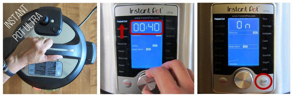 Instant Pot Ultra pressure cook 40 minutes collage - close Instant Pot Ultra, set time to 00:40 and select Pressure Cook, press start - Paint the Kitchen Red