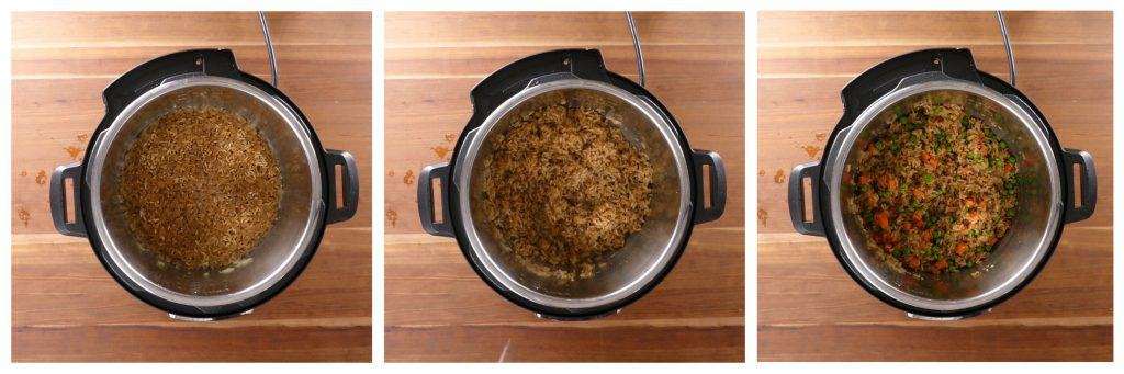 Instant Pot Brown Fried Rice Instructions 4 - cooked rice, stirred, add vegetables - Paint the Kitchen Red