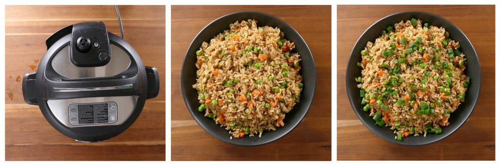 Instant Pot Brown Fried Rice Instructions 5 - covered instant pot, rice in bowl, green onions on top - Paint the Kitchen Red