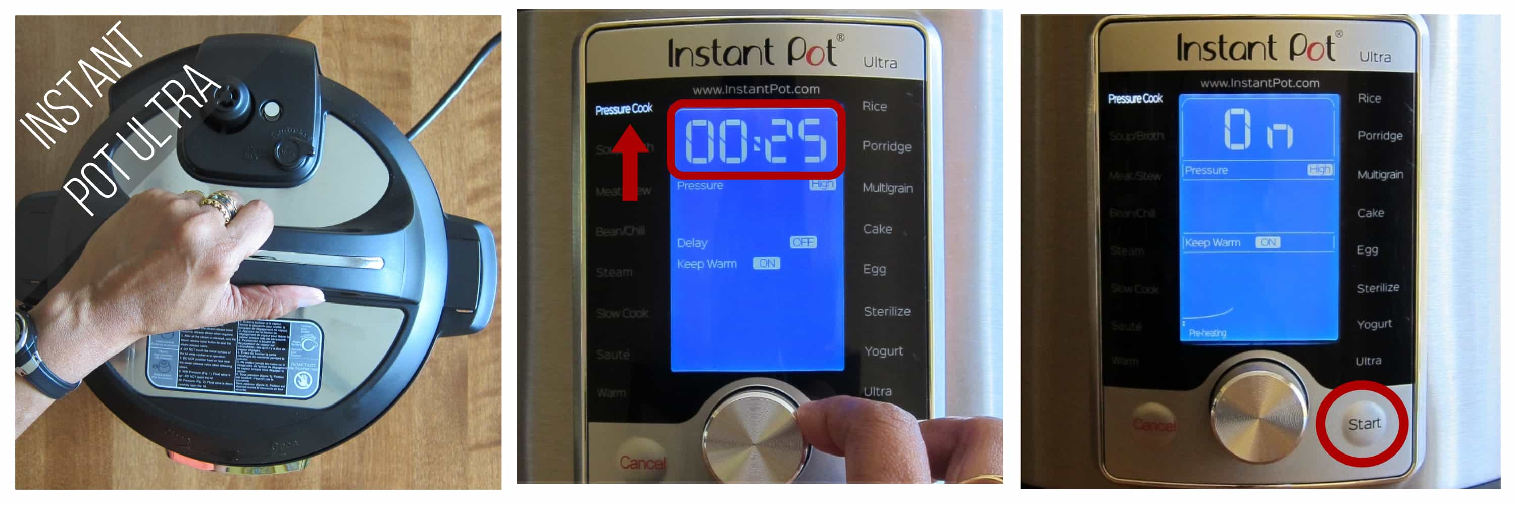 Instant Pot Ultra pressure cook 25 minutes collage - close Instant Pot Ultra, set time to 00:25 and select Pressure Cook, press start - Paint the Kitchen Red