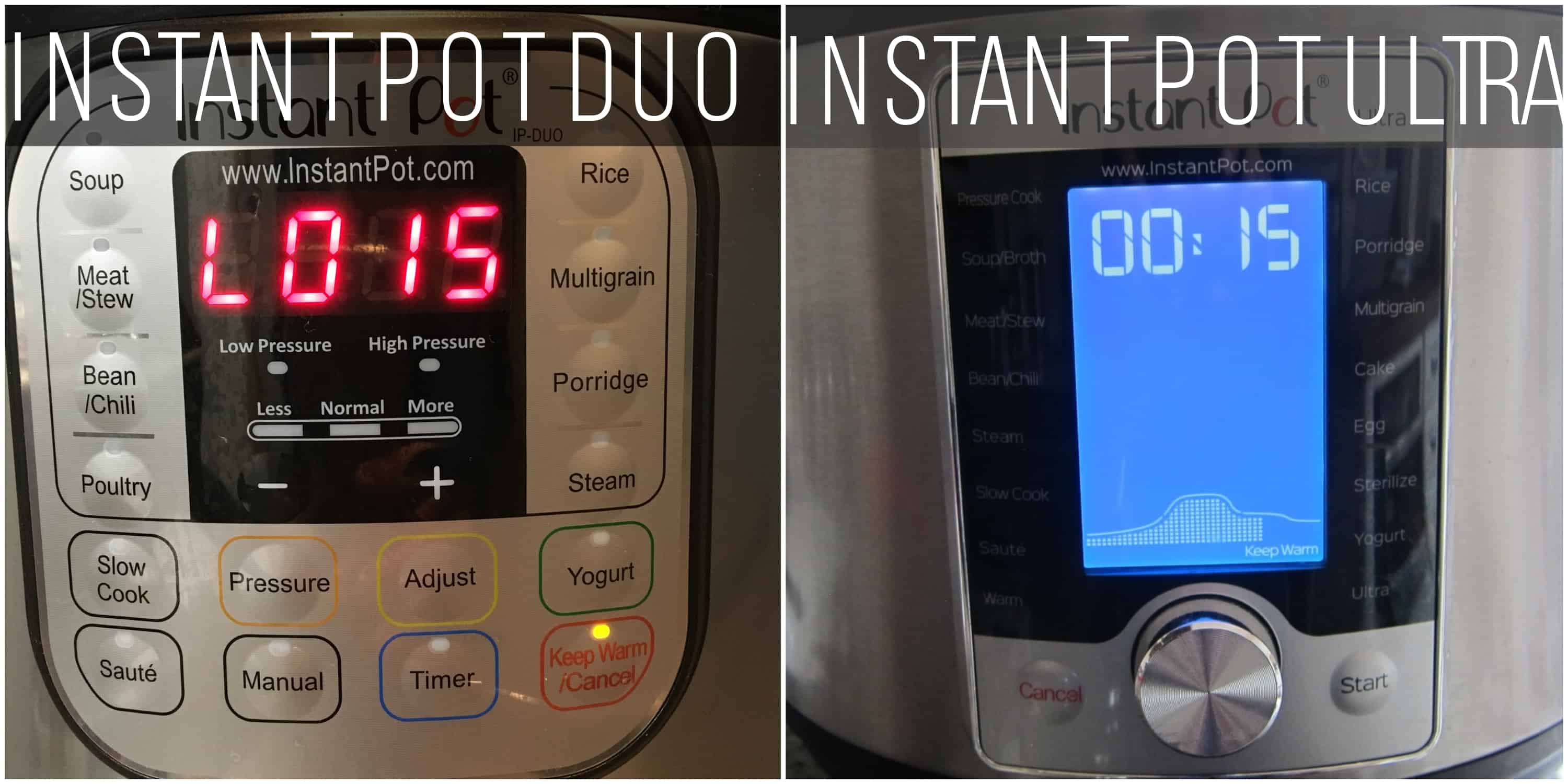Instant Pot Ultra and Duo 15 minute Natural Release (NPR) collage of both Duo and Ultra display panels -Paint the Kitchen Red