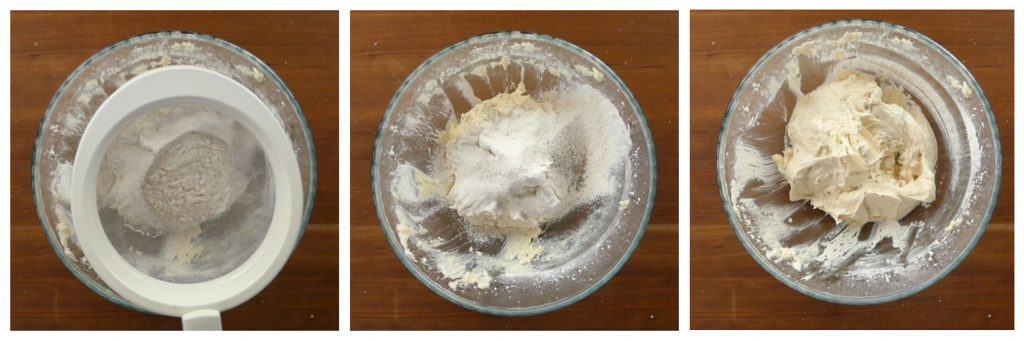 Instant Pot Cupcakes Cardamom Pound Cake Instructions 5 collage - flour sifted into batter, flour on batter, batter stirred and scraped up - Paint the Kitchen Red