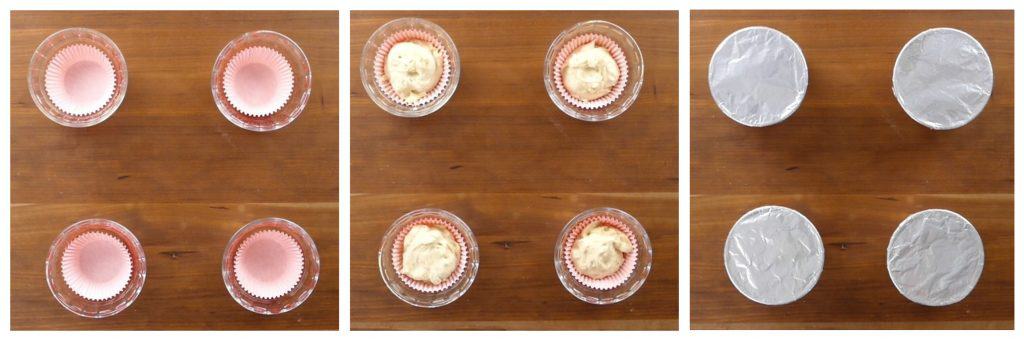 Instant Pot Cupcakes Cardamom Pound Cake Instructions 6 collage - four custard cups with red cupcake liners, batter in liners, aluminum foil covering custard cups - Paint the Kitchen Red