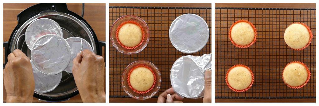 Instant Pot Cupcakes Cardamom Pound Cake Instructions 9-1 collage - trivet lifted out of inner pot, foil taken off the bowls, cupcakes with liner on rack - Paint the Kitchen Red