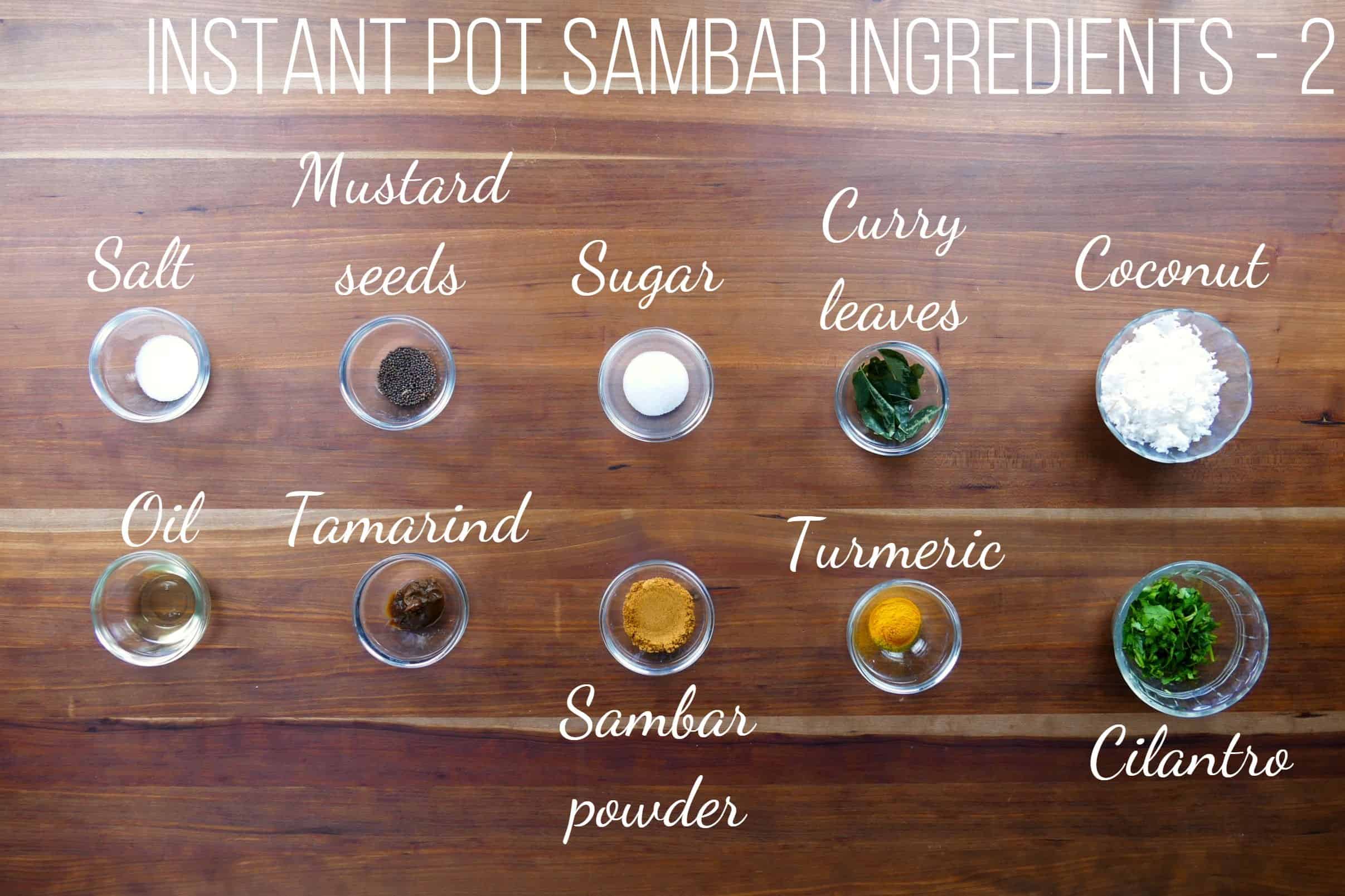 Instant Pot Sambar Ingredients 2 - salt, mustard seeds, sugar, curry leaves, coconut, oil, tamarind, sambar powder, turmeric, cilantro