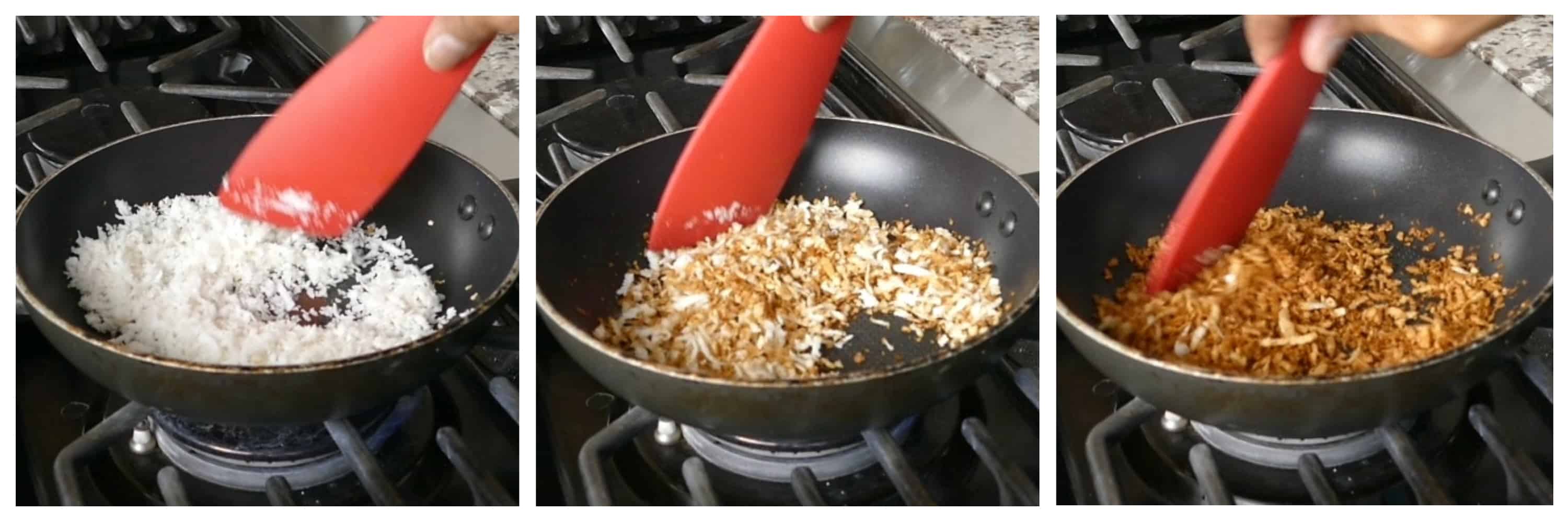 Instant Pot Sambar Instructions 3 collage - 3 stages of sauteing coconut: white, light brown, brown - Paint the Kitchen Red