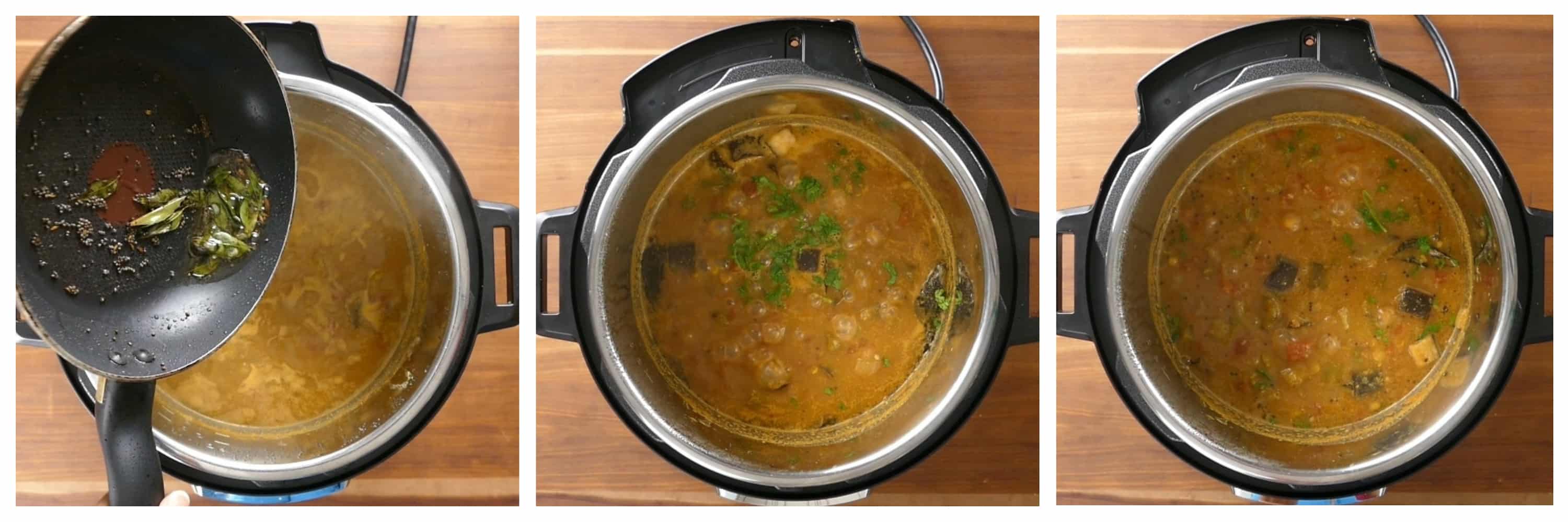 Instant Pot Sambar Instructions collage - add curry leaves and mustard to sambar, add cilantro, stir - Paint the Kitchen Red