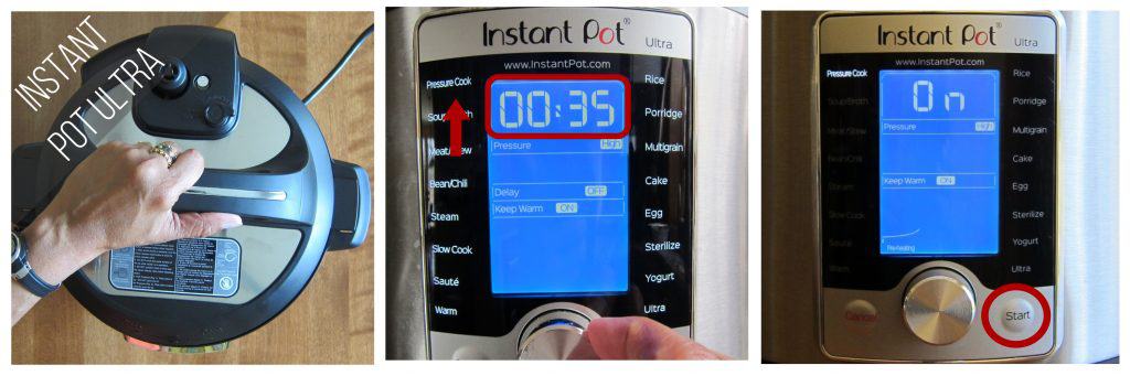 Instant Pot Ultra pressure cook 35 minutes collage - close Instant Pot Ultra, set time to 00:35 and select Pressure Cook, press start - Paint the Kitchen Red