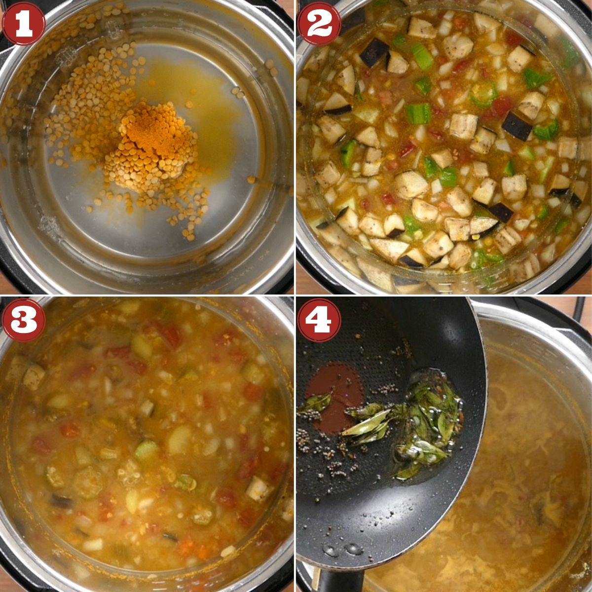 Instant Pot sambar instruction collage - lentils, vegetables, cooked, fried mustard.