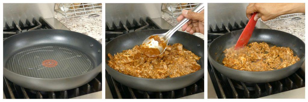 Instant Pot Chicken Tinga Instructions 5 collage - frying pan with oil, chicken and sauce, sauteing both - Paint the Kitchen RedInstant Pot Chicken Tinga Instructions 5 - Paint the Kitchen Red