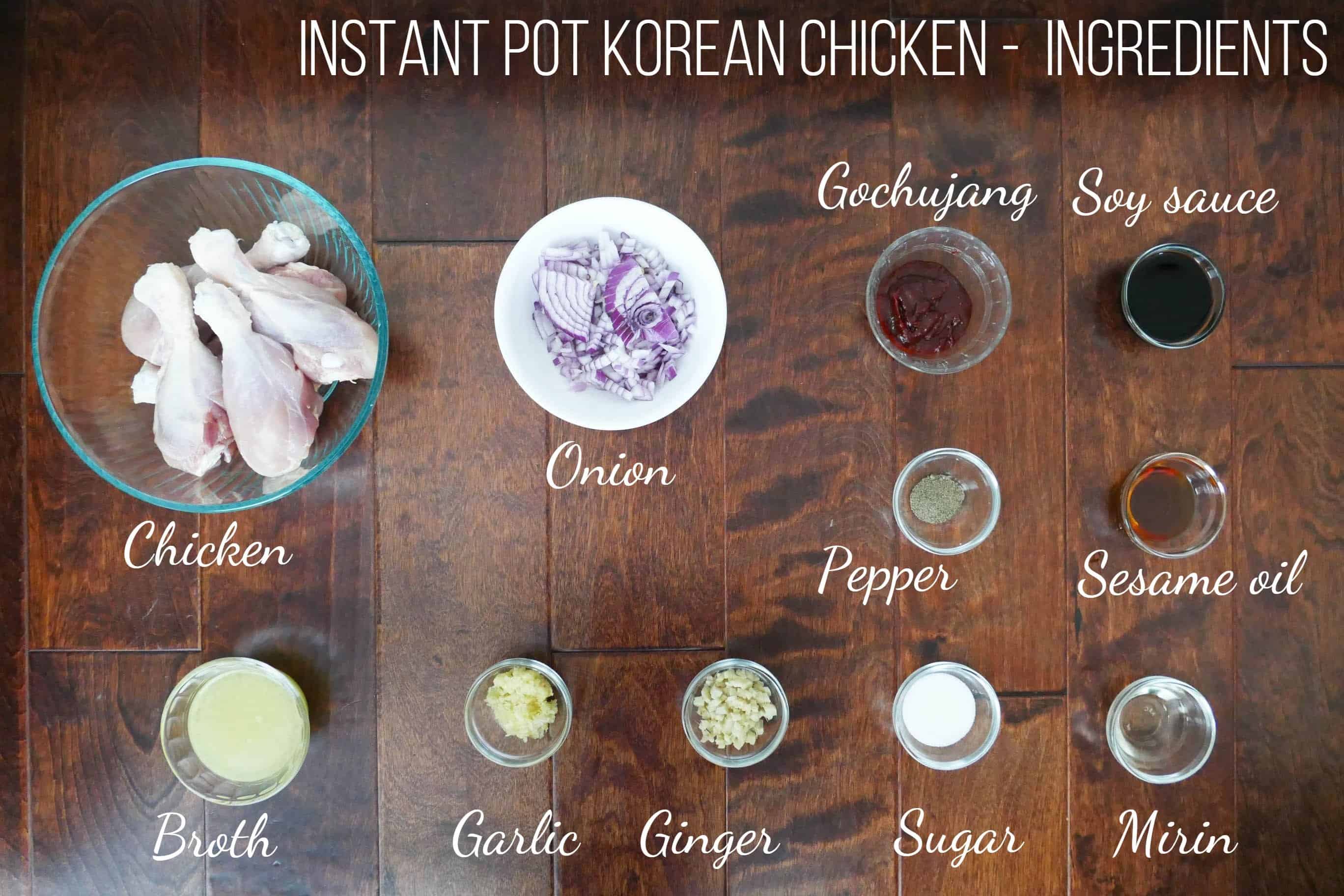 Instant Pot Korean Chicken Ingredients - chicken, onion, gochujang, soy sauce, pepper, sesame oil, broth, garlic, ginger, sugar, mirin - Paint the Kitchen Red