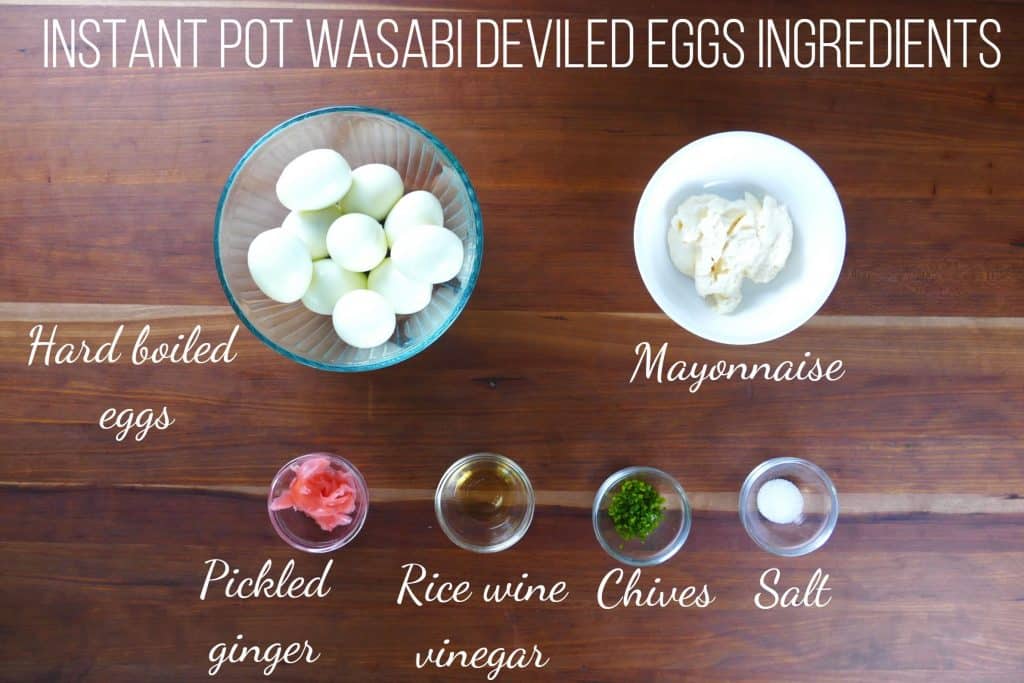Wasabi Instant Pot Deviled Eggs Ingredients - hard boiled eggs, mayonnaise, pickled ginger, rice wine vinegar, chives, salt - Paint the Kitchen Red