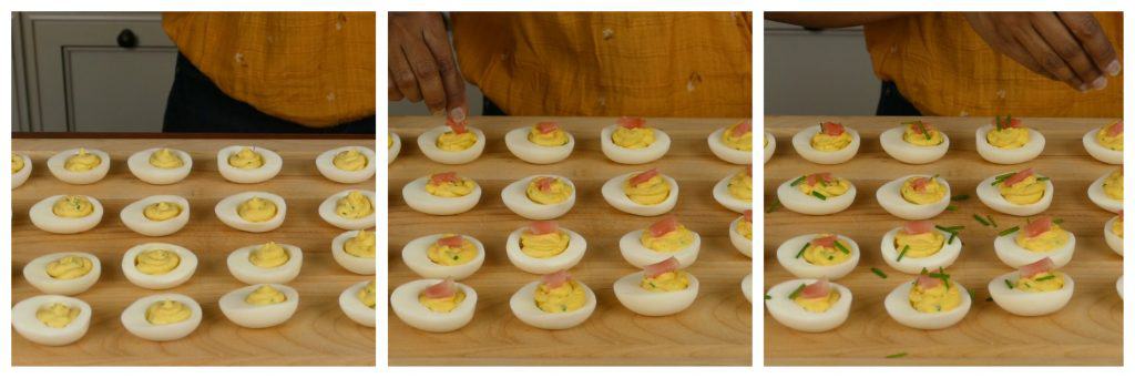 Wasabi Instant Pot Deviled Eggs Instructions collage - piped eggs, pickled ginger, chives to top - Paint the Kitchen Red