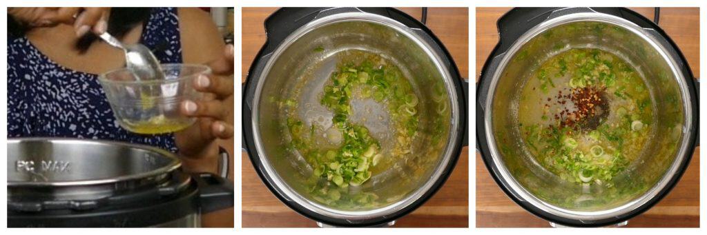 Instant Pot Shrimp Pasta with Garlic Instructions collage - remove some garlic, add green onion and spices - Paint the Kitchen Red