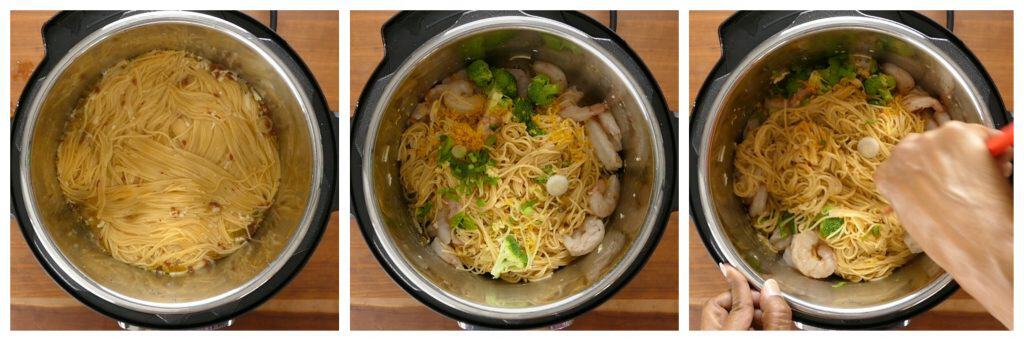 Instant Pot Shrimp Pasta with Garlic Instructions collage - cooked pasta; shrimp, broccoli, zest added; stirred - Paint the Kitchen Red