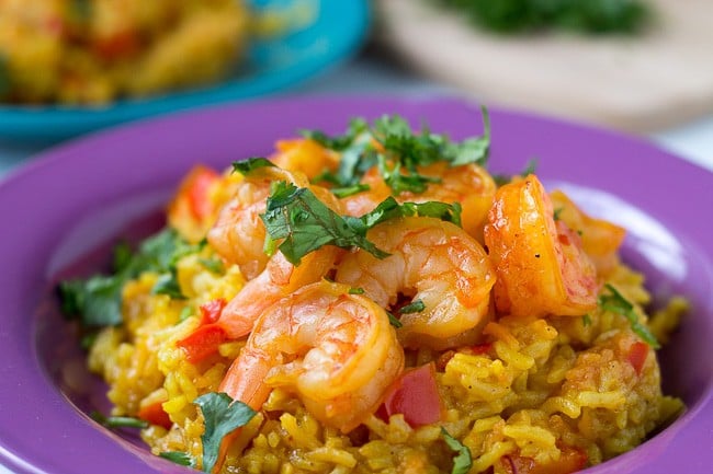 Instant Pot Shrimp Paella - rice with shrimp, topped with cilantro