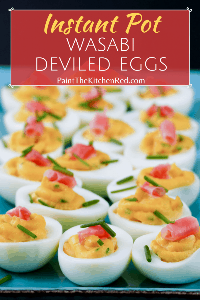 Wasabi Instant Pot Deviled Eggs with wasabi and pickled ginger on colorful blue plate pinterest pin - Paint the Kitchen Red