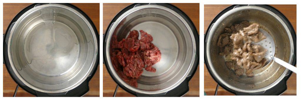 Instant Pot Lo Mein with Beef and Broccoli Instructions collage - oil in inner pot, beef, remove beef - Paint the Kitchen Red