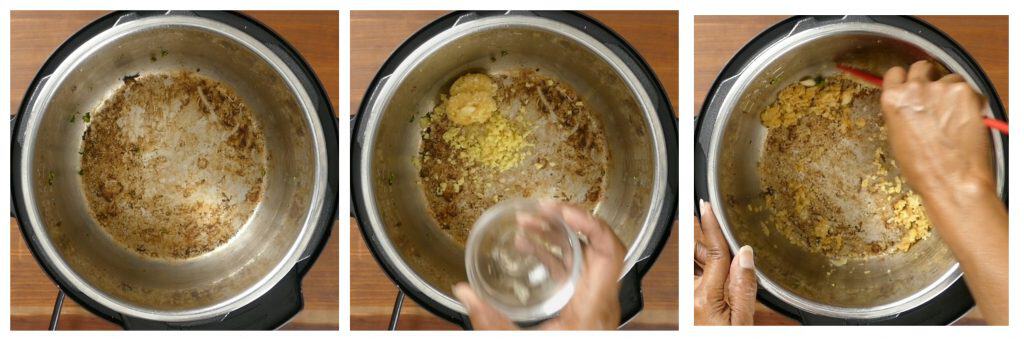 Instant Pot Lo Mein with Beef and Broccoli Instructions collage - oil, ginger, and garlic, stirring - Paint the Kitchen Red