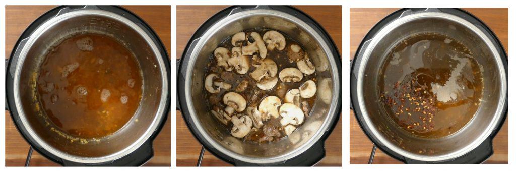 Instant Pot Lo Mein with Beef and Broccoli Instructions collage - broth, mushrooms, spices -- Paint the Kitchen Red