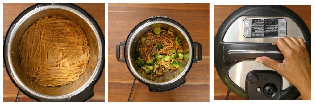 Instant Pot Lo Mein with Beef and Broccoli Instructions collage - cooked spaghetti, stirred, close lid - Paint the Kitchen Red