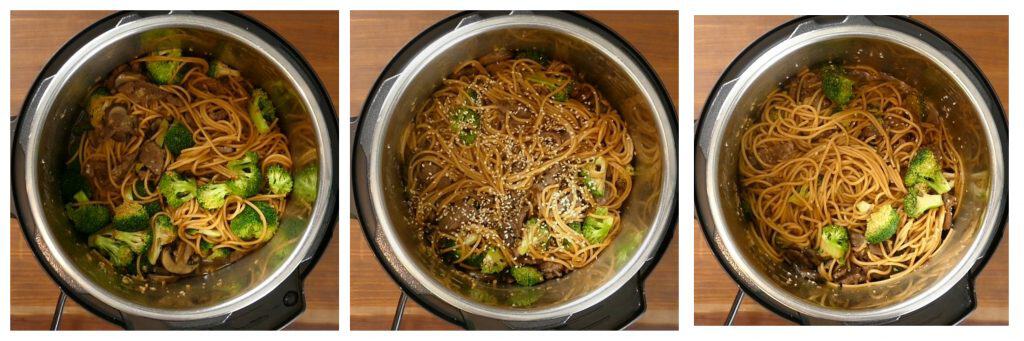 Instant Pot Lo Mein with Beef and Broccoli Instructions opened lid, sesame seeds, stirred - Paint the Kitchen Red