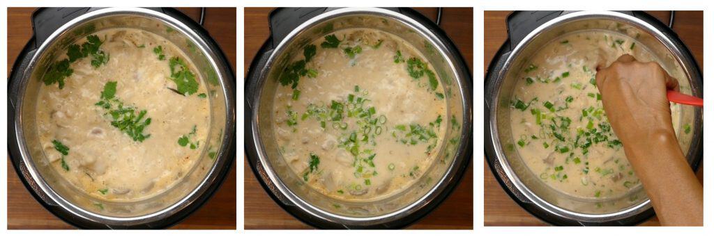 Instant Pot Thai Coconut Soup - Tom Kha Gai Instructions collage - cilantro added, green onions added, stirring - Paint the Kitchen Red (1).jpg