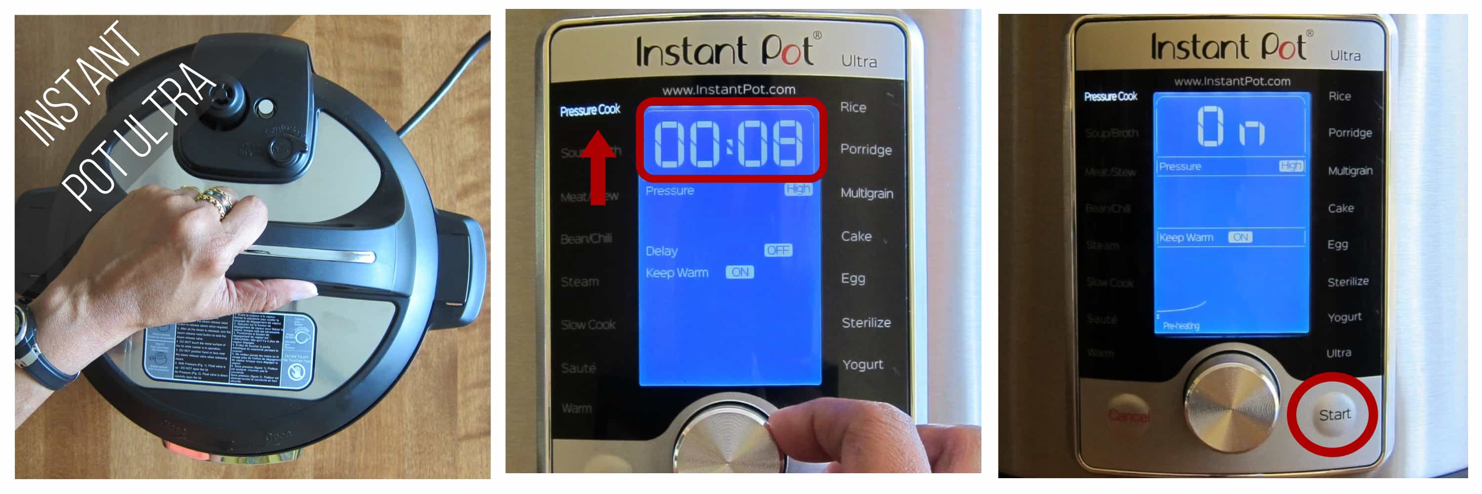 Instant Pot Ultra pressure cook 8 minutes collage - close Instant Pot Ultra, set time to 00:08 and select Pressure Cook, press start - Paint the Kitchen Red
