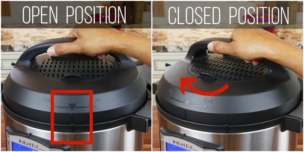 Instant Pot Duo Evo Plus Close Lid collage - arrow lines up with notch, lid turned clockwise to closed - Paint the Kitchen Red