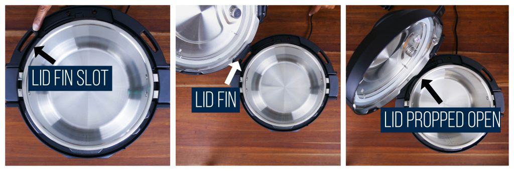 Instant Pot Duo Evo Plus collage - lid fin slot, lid fin, lid propped open - Paint the Kitchen Red