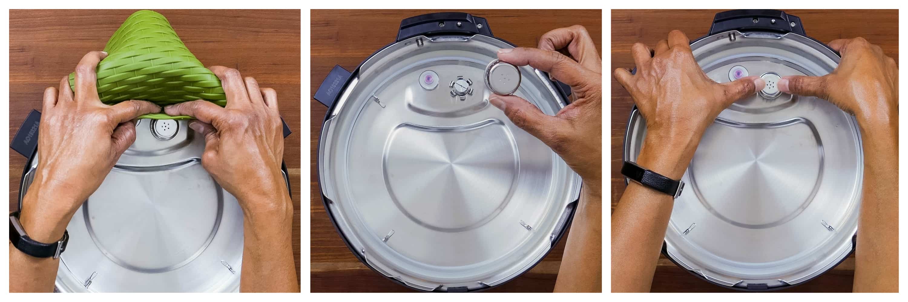 Instant Pot Duo Gourmet collage - silicone trivet to remove anti block shield, removed, replaced - Paint the Kitchen Red