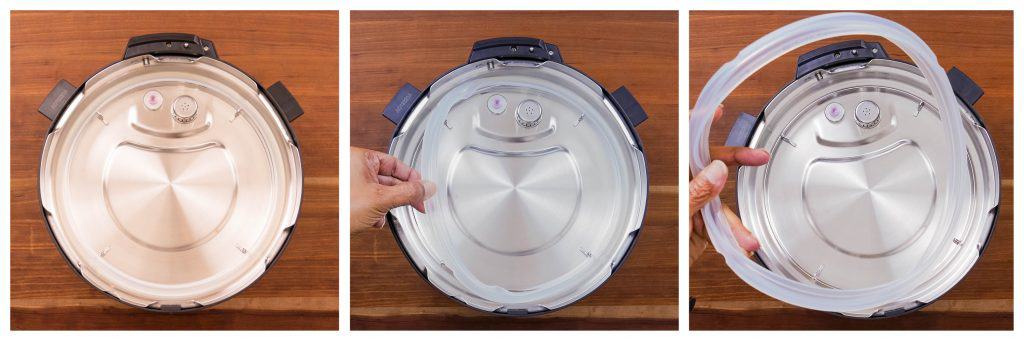 Instant Pot Duo Evo Plus collage - sealing ring in place, pull on to remove, removed completely - Paint the Kitchen Red