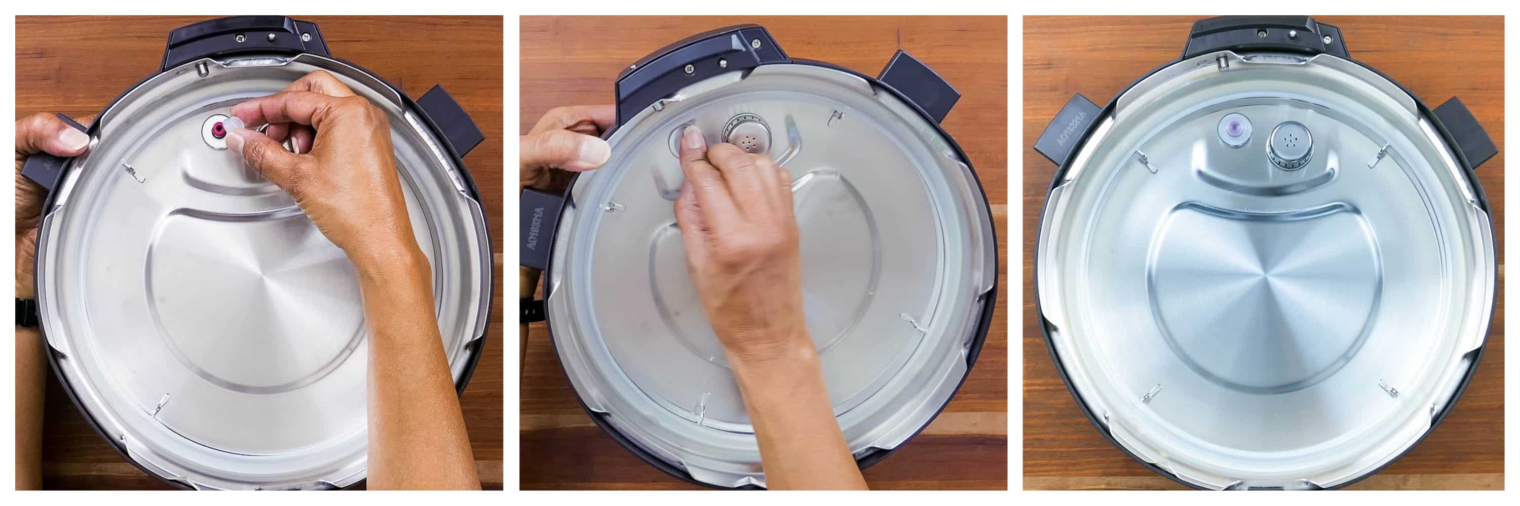 Instant Pot Duo Gourmet collage - replace silicone cover, push in, float valve in place - Paint the Kitchen Red