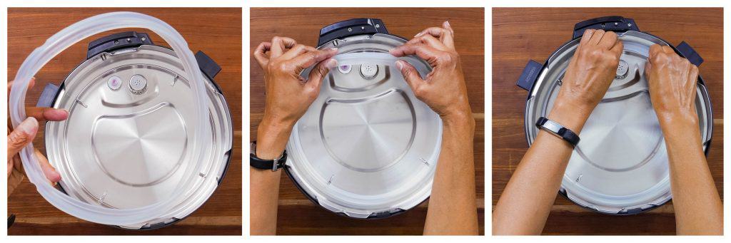 Instant Pot Duo Evo Plus collage - sealing ring is out, sealing ring put onto rack, pushed in - Paint the Kitchen Red