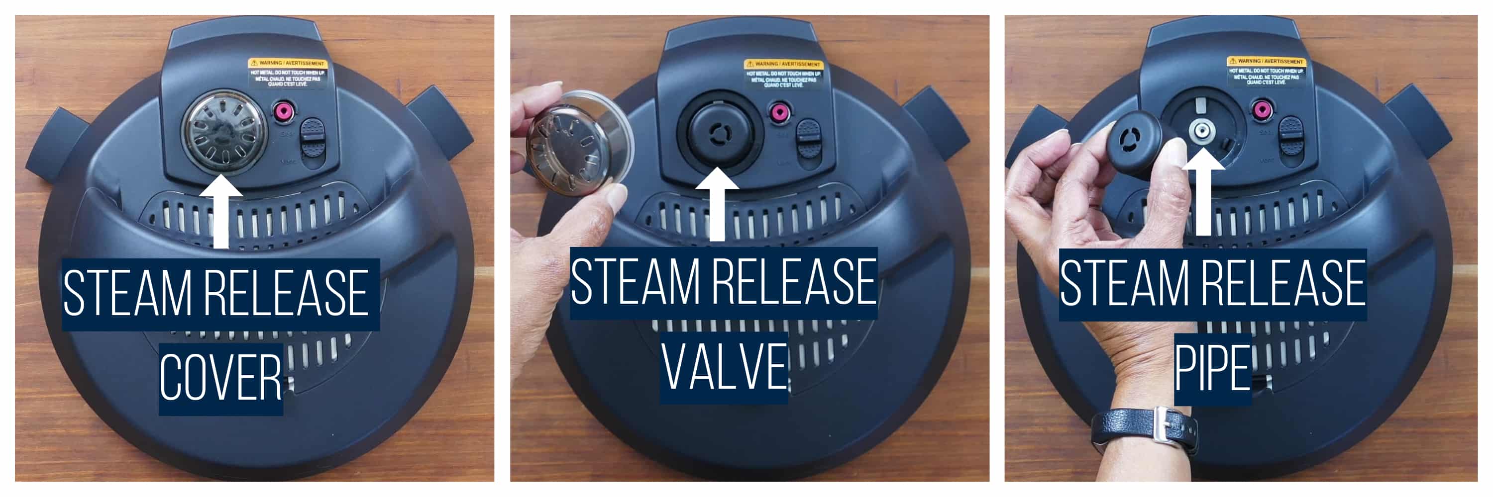 Instant Pot Duo Evo Plus collage - steam release cover, removed, steam release valve, removed, steam release pipe - Paint the Kitchen Red