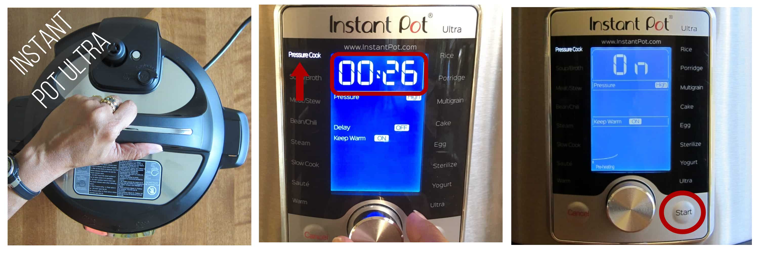 Instant Pot Ultra pressure cook 26 minutes collage - close Instant Pot Ultra, set time to 00:26 and select Pressure Cook, press start - Paint the Kitchen Red