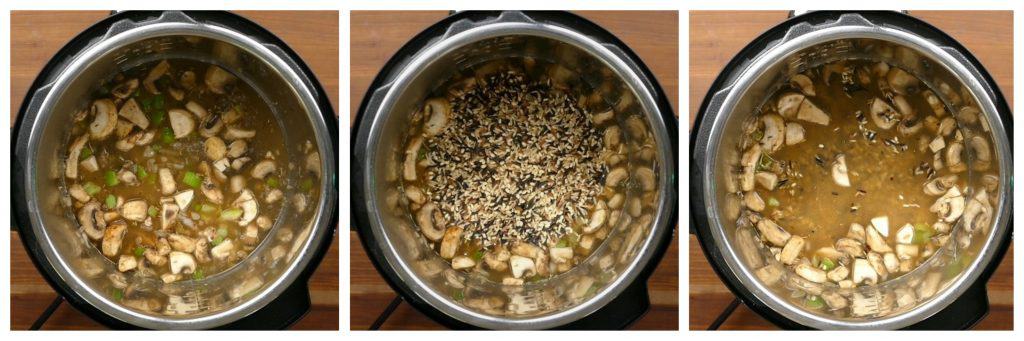 Instant Pot Wild Rice Pilaf Instructions collage - broth added, wild rice added, stirred - Paint the Kitchen Red
