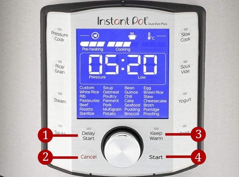 Instant Pot Duo Evo Plus Display panel numbers pointing to delay start, cancel, keep warm and start - Paint the Kitchen Red