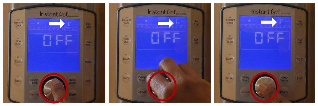 Instant Pot Duo Evo Plus Set temperature unit collage - press knob, turn knob, press knob- Paint the Kitchen Red
