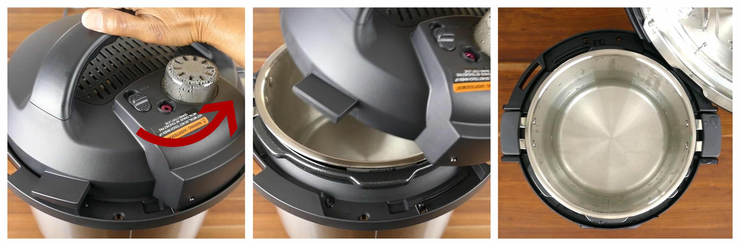 Instant Pot Pro Water Test Instructions collage - turn lid, open lid, prop open lid- Paint the Kitchen Red