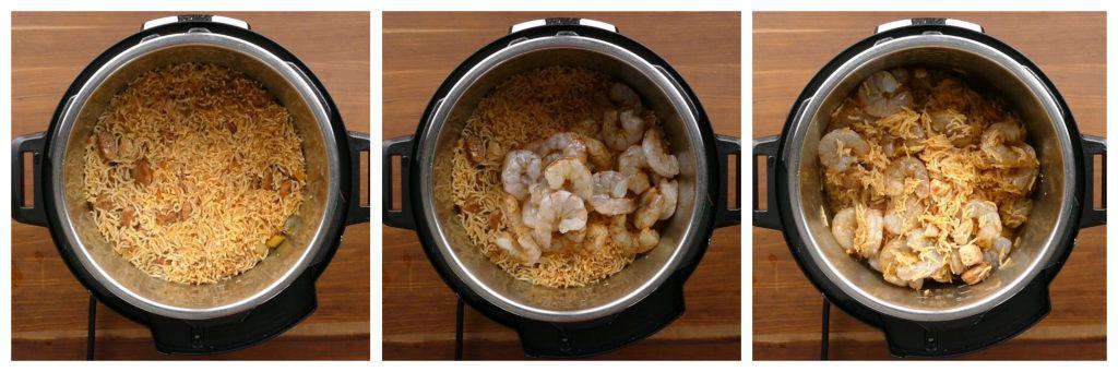 Instant Pot Jambalaya Instruction collage - cooked rice, shrimp added and stirred - Paint the Kitchen Red