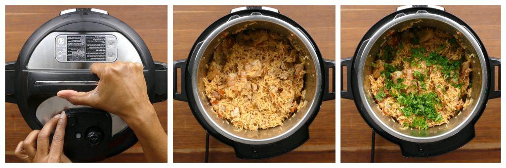 Instant Pot Jambalaya Instruction collage - close lid, lid opened, add cilantro - Paint the Kitchen Red